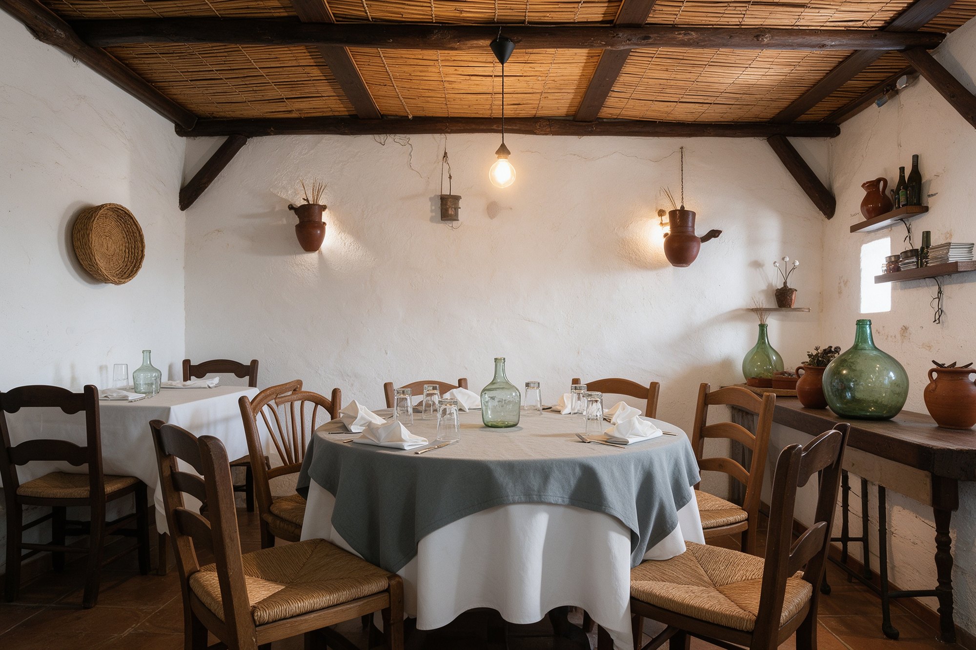 Interior rústico con techo de caña, paredes blancas, mesas y damajuanas