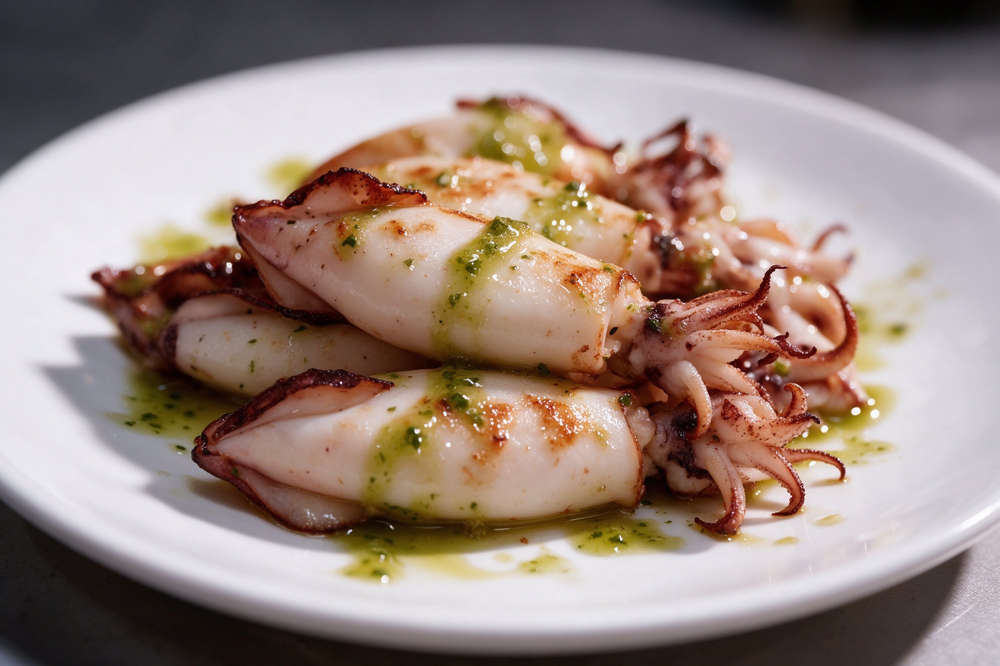 Chipirones a la plancha con aceite de perejil en plato blanco