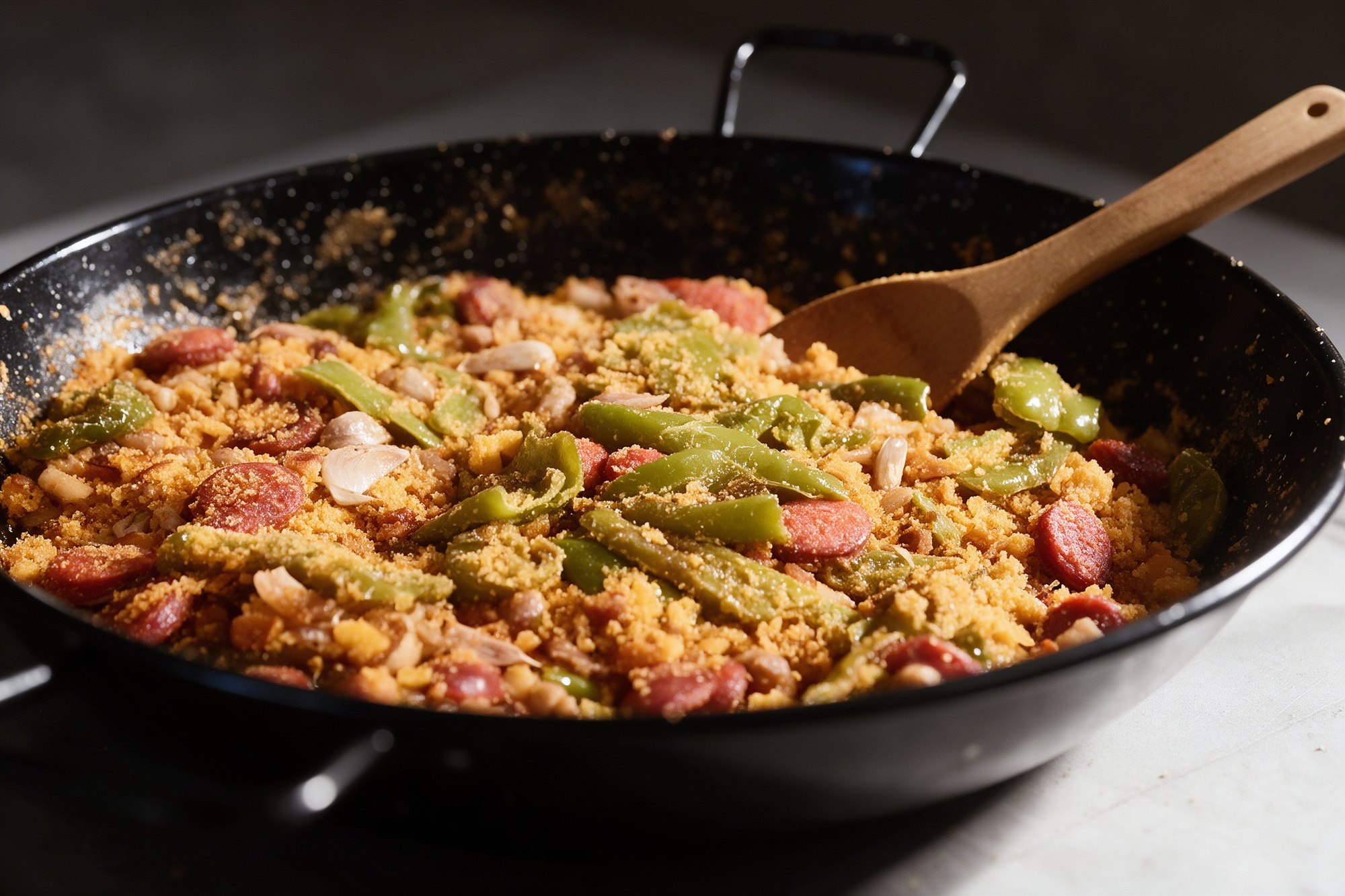 Migas caseras con chorizo y pimiento en sartén negra