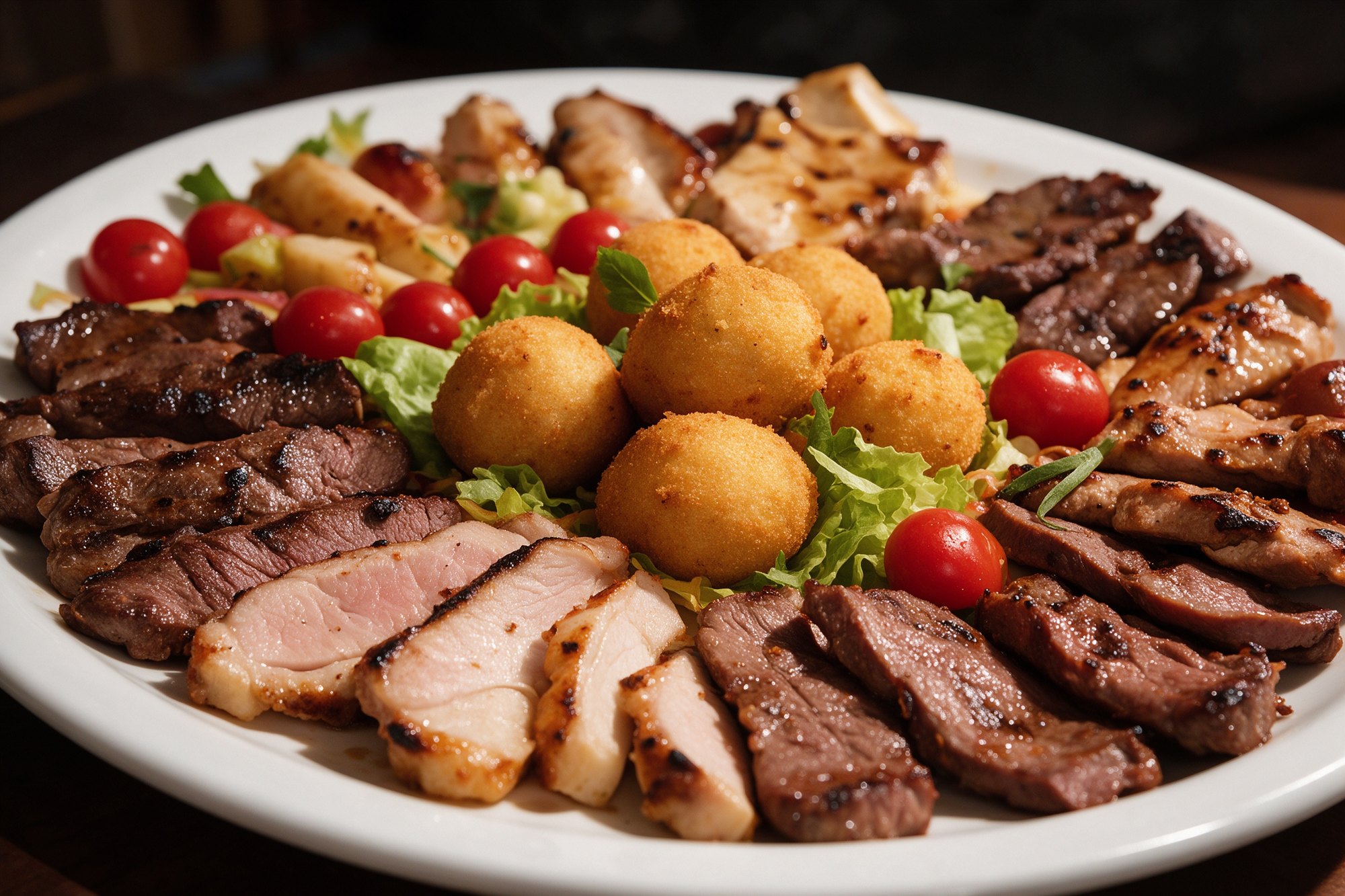 Tabla de la casa con carnes a la brasa, croquetas y guarnición